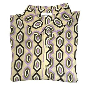 Vintage Geometric Button Up Shirt Collar Blouse Long Sleeves Hexagon NOS